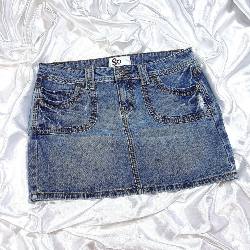 y2k Distressed Denim Mini Skirt Blue SO Low Rise Jean Skirt Size 9